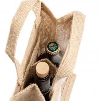 GRACE - Laminated jute bottle bag with window and double compartment