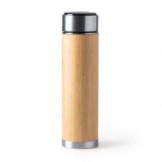 CEDRO - Thermos in 304 stainless steel and natural bamboo with digital thermometer, 480 ml.
