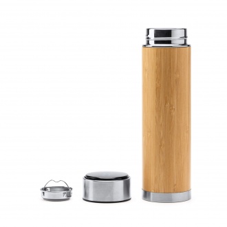 CEDRO - Thermos in 304 stainless steel and natural bamboo with digital thermometer, 480 ml.