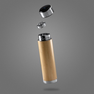 CEDRO - Thermos in 304 stainless steel and natural bamboo with digital thermometer, 480 ml.