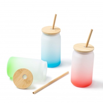 DALBY - Borosilicate glass mug, bamboo lid and straw, 350 ml. 
