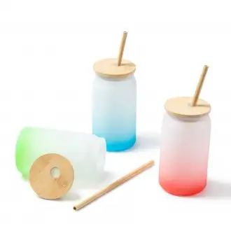 DALBY - Borosilicate glass mug, bamboo lid and straw, 350 ml. 