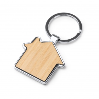 DUPLEX - Key ring in the shape of a house, made of bamboo with a metal finish