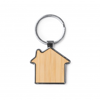 DUPLEX - Key ring in the shape of a house, made of bamboo with a metal finish