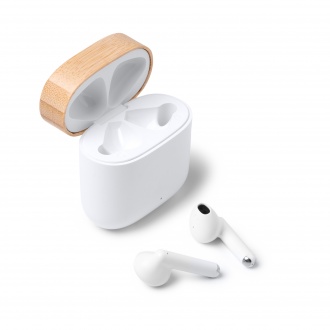 Sauro - Wireless in-ear headphones packaged in a case made of ABS and recycled plastic and bamboo.