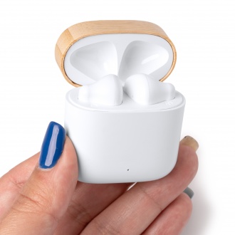 Sauro - Wireless in-ear headphones packaged in a case made of ABS and recycled plastic and bamboo.