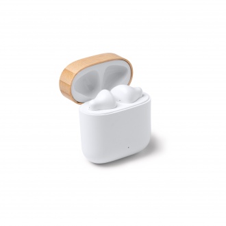 Sauro - Wireless in-ear headphones packaged in a case made of ABS and recycled plastic and bamboo.