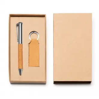 Fez set - Pen and keychain made of recycled leather with metallic details.