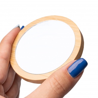 Mondo - Pocket mirror with bamboo back. Packaged in a box designed with the environment in mind.