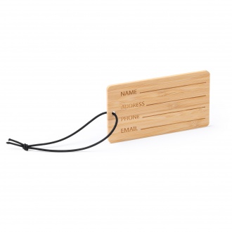 Kabore - Bamboo suitcase tag with black elastic strap.