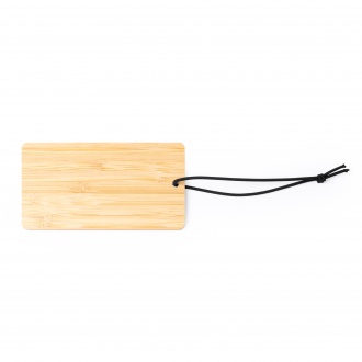 Kabore - Bamboo suitcase tag with black elastic strap.