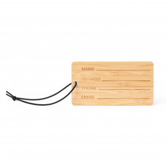 Kabore - Bamboo suitcase tag with black elastic strap.