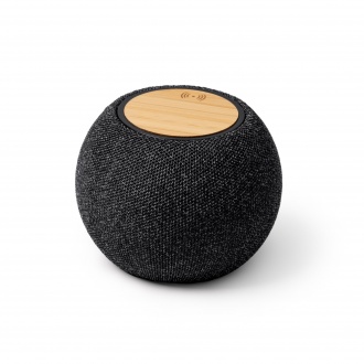 Bandini - Round bluetooth speaker with wireless charger (15W), made of bamboo and RPET polyester.