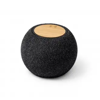Bandini - Okrągły głośnik bluetooth z ładowarką bezprzewodową (15W), wykonany z bambusa i poliestru RPET.