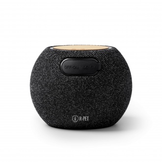 Bandini - Round bluetooth speaker with wireless charger (15W), made of bamboo and RPET polyester.