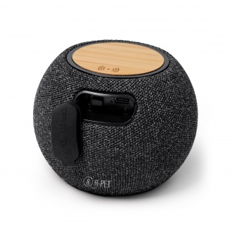 Bandini - Round bluetooth speaker with wireless charger (15W), made of bamboo and RPET polyester.