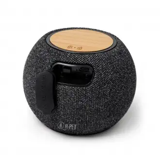 Bandini - Okrągły głośnik bluetooth z ładowarką bezprzewodową (15W), wykonany z bambusa i poliestru RPET.