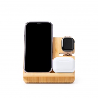 Krosy - Made of bamboo, the 3-in-1 charging stand (15 W) for charging smartphones, smartwatches and wireless headphones.