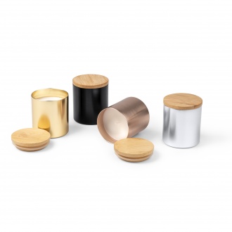 Maris - Aromatic candle with an aluminum bowl with a metallic finish and a bamboo lid. Vanilla aroma.