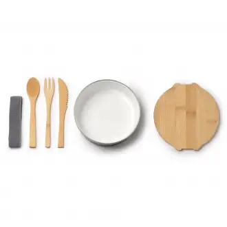 Evelin - Ceramic coated metal lunch box with bamboo lid and elastic strap, bamboo cutlery included.