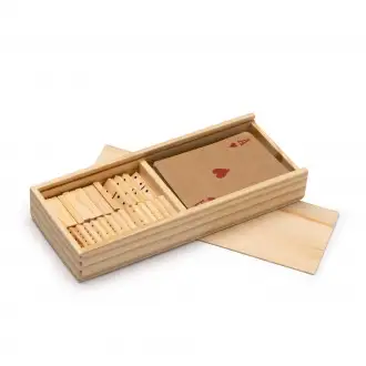 Ludus - 2 sets of games, a deck of cards made from recycled cardboard and wooden domino dice, packaged in a wooden box.