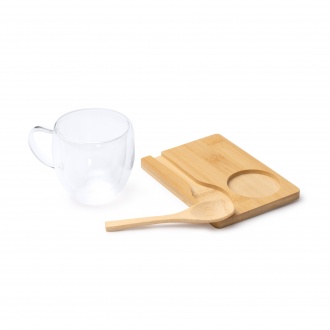 BLUMON - Set with double-walled glass (250 ml), bamboo coaster, and bamboo spoon