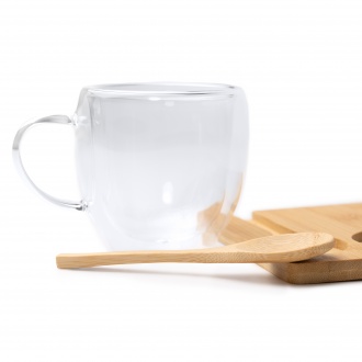 BLUMON - Set with double-walled glass (250 ml), bamboo coaster, and bamboo spoon