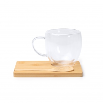 BLUMON - Set with double-walled glass (250 ml), bamboo coaster, and bamboo spoon