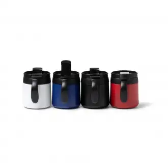 Vake - Double-walled mug made of recycled 304 stainless steel with a screw-on lid and handle. Capacity: 350 ml.