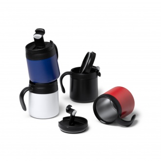 Vake - Double-walled mug made of recycled 304 stainless steel with a screw-on lid and handle. Capacity: 350 ml.