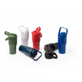 MAPET - Recycled stainless steel thermal mug with straw and handle, 550 ml