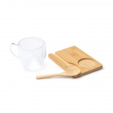 BLUMON - Zestaw ze szklanką z podwójnymi ściankami (250ml), bambusową podstawką i bambusową łyżeczką
